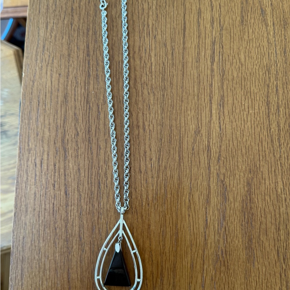 1970's Sarah Coventry Silvertone & Black Lucite Open Work Pendant necklace